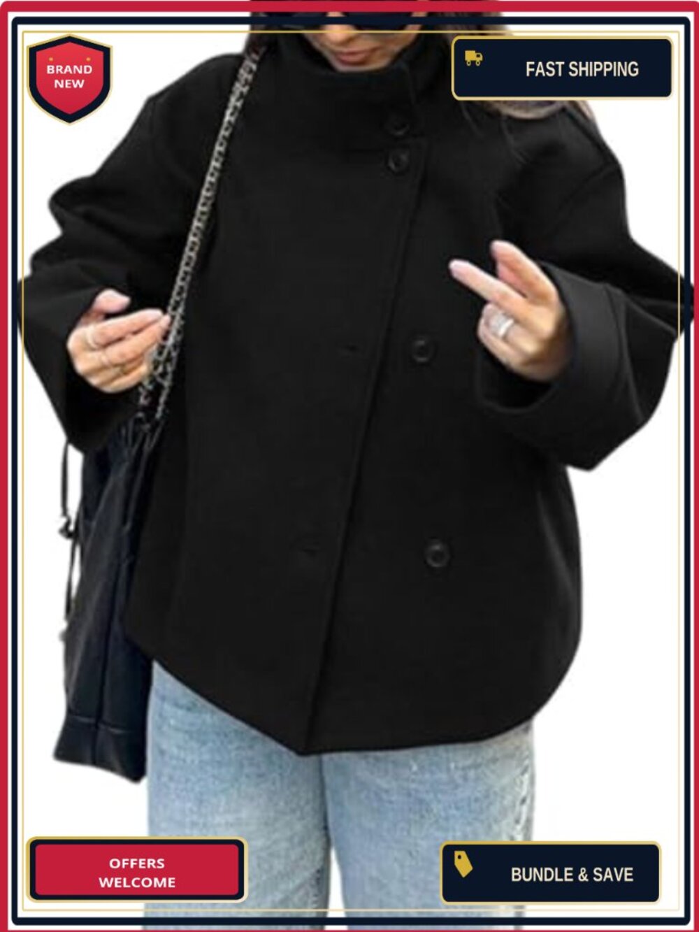 Wool Blend Crop Pea Coat Loose Fit Winter Short Jacket